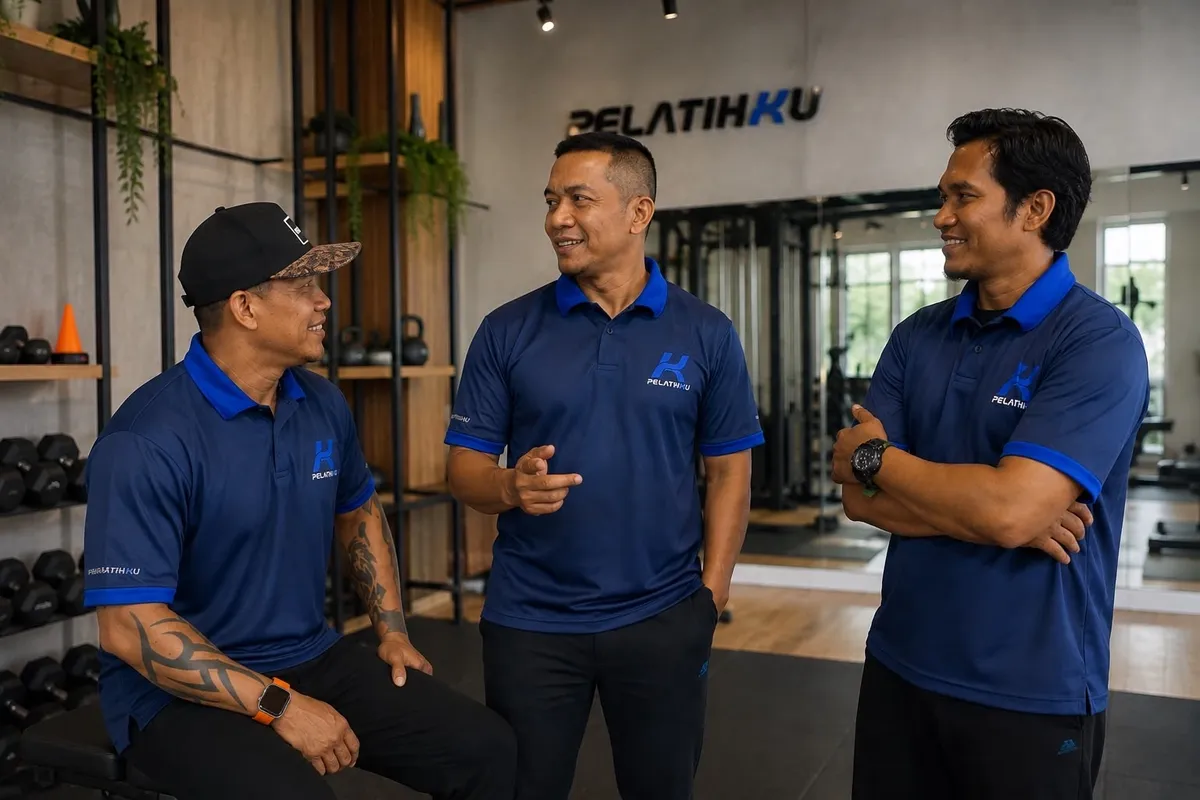 Personal trainer membimbing klien saat latihan menggunakan alat cable machine di gym